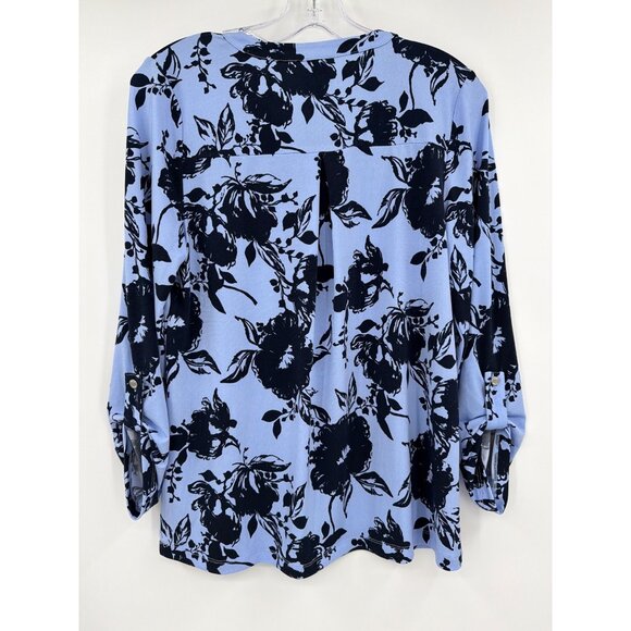 Anne Klein Size S Floral Split Neck Blouse Navy Light Blue Button Tab Sleeve New - Picture 6 of 6
